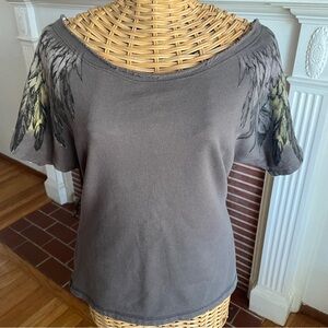 Y2K Scrapbook feather print wide neck top S